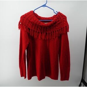 Christopher & Banks Red Fringe Cowl Neck Cable Knit Sweater Womens Medium 4553